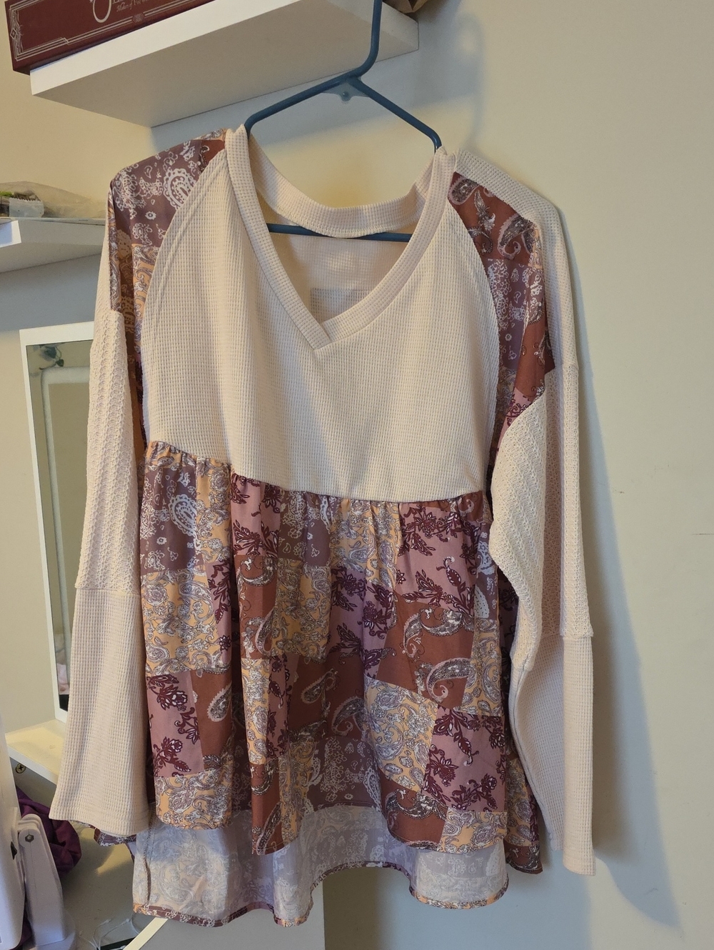 Women’s Cream and Mauve Patchwork V-Neck Tunic Top